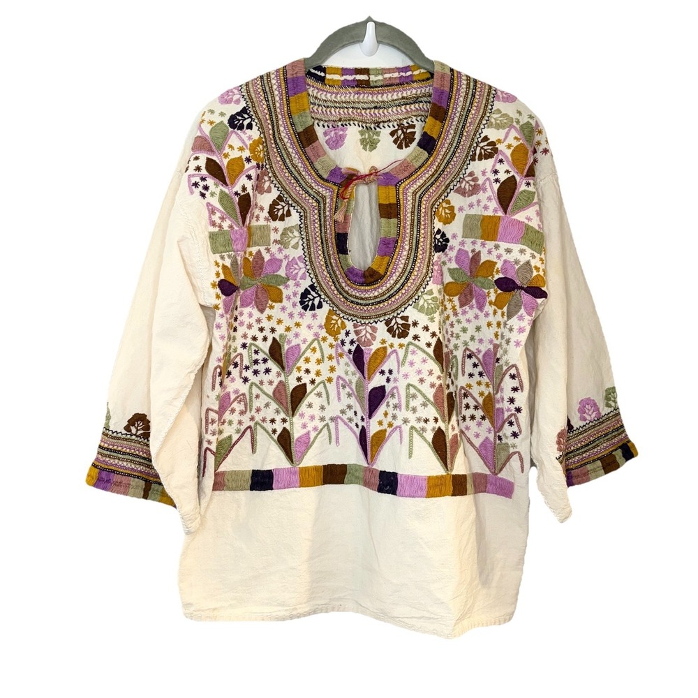 Vintage‎ Heavy Detailing Embroidered Floral Corn Stitching Peasant Top 70s Retro